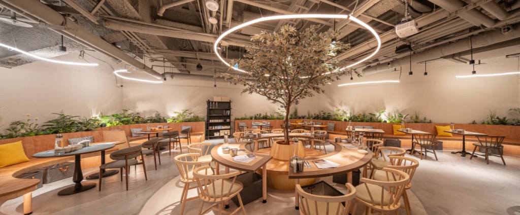 圍繞於小巨蛋的蛋形概念，用餐空間也使用大量弧型線條