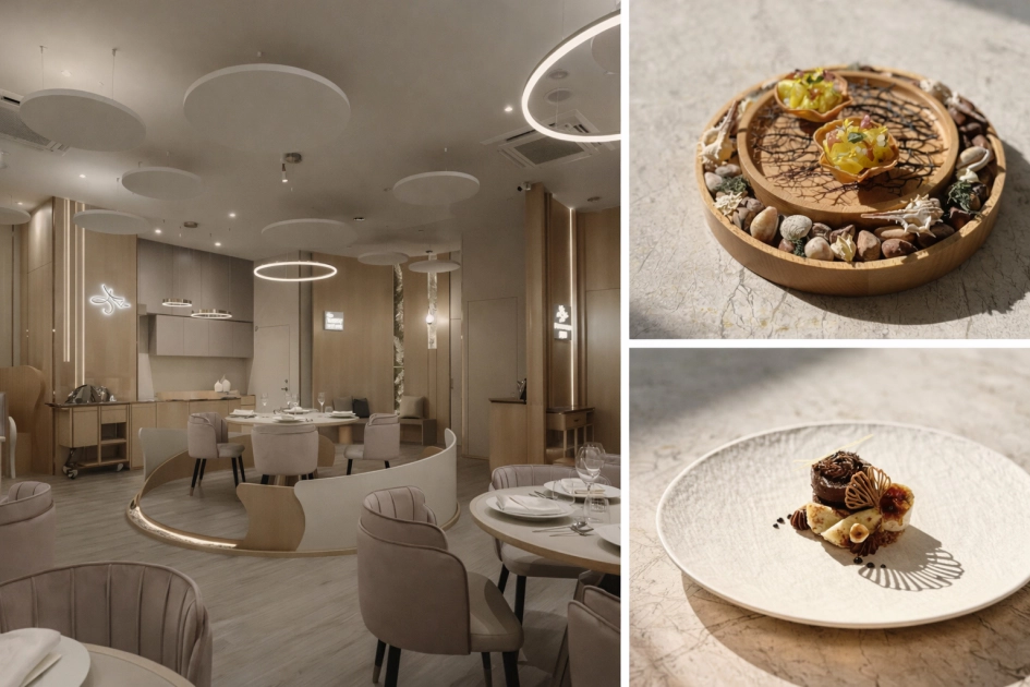   暖杏色調與圓弧吊燈構築出舒適而優雅的用餐場域，搭配細膩呈現的料理細節，
          展現主廚蔡中和與經理陳玉錡對顧客體驗的一致講究。
