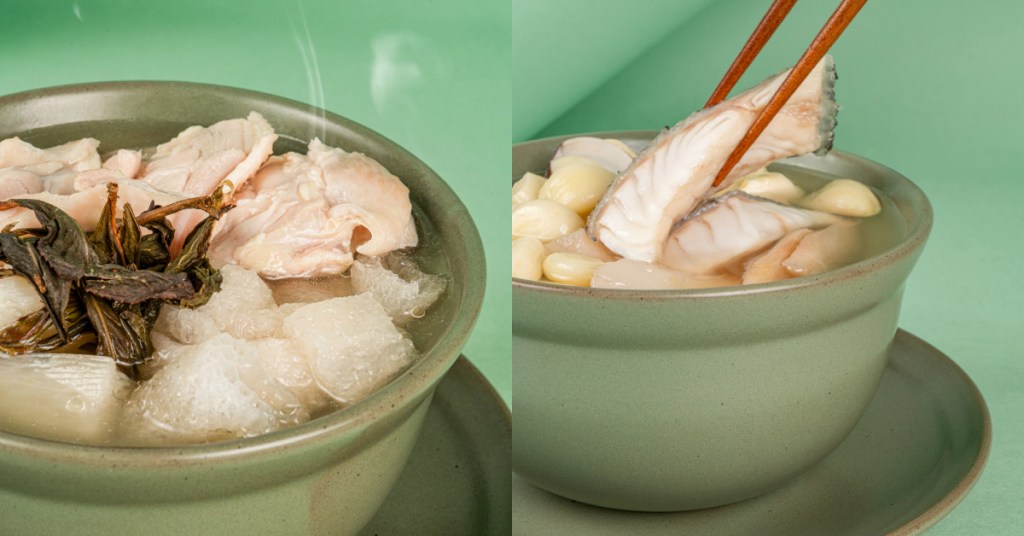 鮮嫩魚肉、雞肉與豐富食材浸潤清澈湯頭，茶香悄然入味，喝得到溫潤鮮甜。（圖片提供：三麥茶樓 SUNMAI CHA）